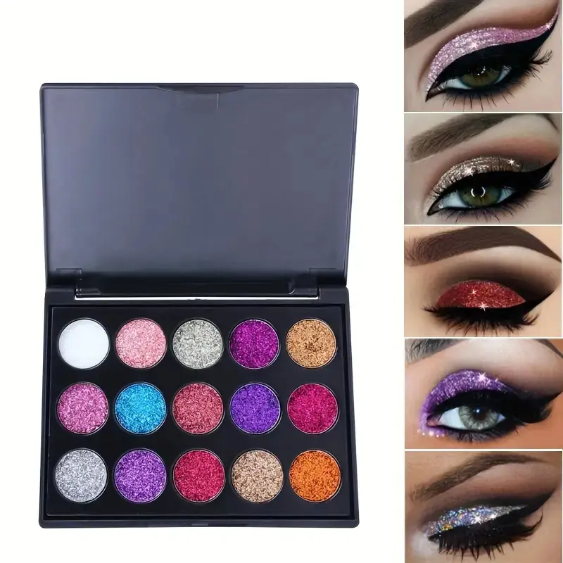 15 Color Glitter Sparkly Shimmer Eyeshadow Palette for Valentine's Day Gift, Waterproof Long-Lasting Shimmer Makeup, Compact for Travel, Ideal for Parties and Events, Highly Pigmented Palette, Highly Pigmented Shades, Glam Pack Glitter