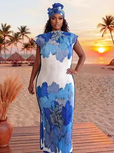 Women's Elegant Floral Print Wrap Dress Set, Slim Fit Long Robe Shawl + Silk Scarf, Beach Sun Protection, All Seasons, Swimwear Coverups, Beach Swimsuit Cover
