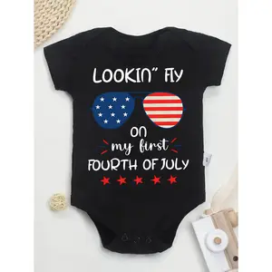 Independence Day 4th Of July Cute Baby Bodysuit With Lookin Fly On My First Fourth Of July Print Soft Versatile Round Neck Button Detail Regular Fit All Seasons Knitted Fabric Onesie For 0-12 Months