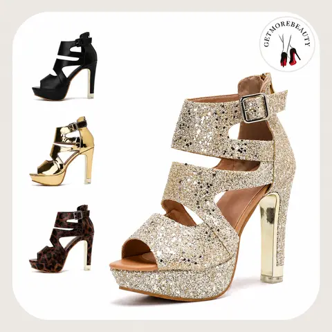 Getmorebeauty Women's Black Strappy Open Toe Footwear - Chunky Platform Sequin Patent PU Elegant Fashionable Heeled Sandals, 12cm Comfortable Heels, Adjustable Ankle Buckle, Zipper, Party Wear Shoes