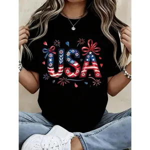 Women Round Neck T Shirt Usa Patriotic Flag Design With Stars And Stripes Bow Decor Short Sleeve Independence Day Celebration Party Wear graphic tee