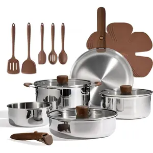 19pcs Stainless Steel Cookware Set with Detachable Handle, Pots and Pans Set, Induction Kitchen Cooking Sets, RV/Camping Cookware, Removable Handle, Oven Safe, Woodgrain, Mothers Day Gifts