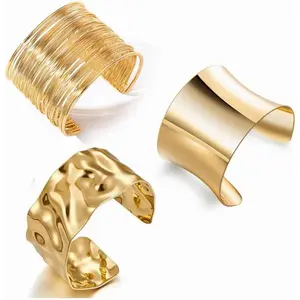 3PCS Gold Chunky Cuff Bracelets for Women Irregular Minimalist Statement Bangle Bracelets Set Open Wide Bangle Arm Cuff Upper Arm Punk Jewelry