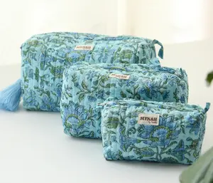Set of 3 travel pouch/hand block printed and quilted make up bags with waterproof lining