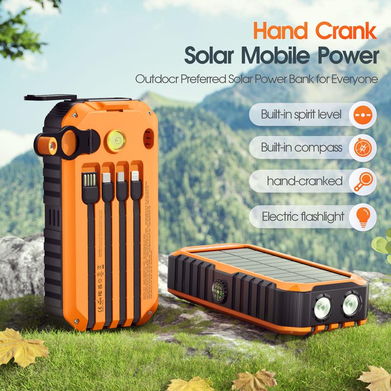 citicr 40000mAh solar hand-held power bank, with 4 built-in cables for output and input, super bright flashlight, level gauge, compass, 6 output PD20W fast charging, hand-cranked point charger, suitable for outdoor camping, fishing, mountain climbing, etc