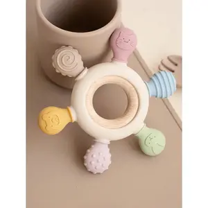1PC Silicone Baby Teethers Rudder Shape Wooden Teether Ring Touch Training  Newborn Chew Toy Children's Dental Care Teething Toys