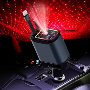 Expandable Car Charger with Star Projection Night Light, LED Decorative Ceiling Lamp, Fast Charging USB Adapter, Compatible with iPhone Samsung Xiaomi Galaxy Pixel, Retractable Car Charger