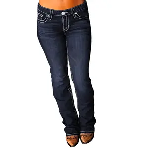 AprPith Women's Loose Saddle Stitch Side Bootcut Stretch Jeans Button Comfort