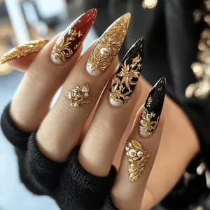 Almond Gold Flower Bloom Nail Art, Gold Print Floral Embellished Rhinestone Press-On Nails, Perfect for All Girls Parties Weddings Birthdays Dates