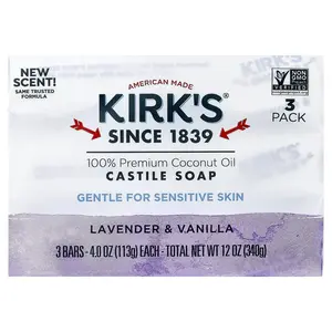 Kirk's 100% Premium Coconut Oil Castile Bar Soap, Lavender & Vanilla, 3 Bars, 4 oz (113 g) Each