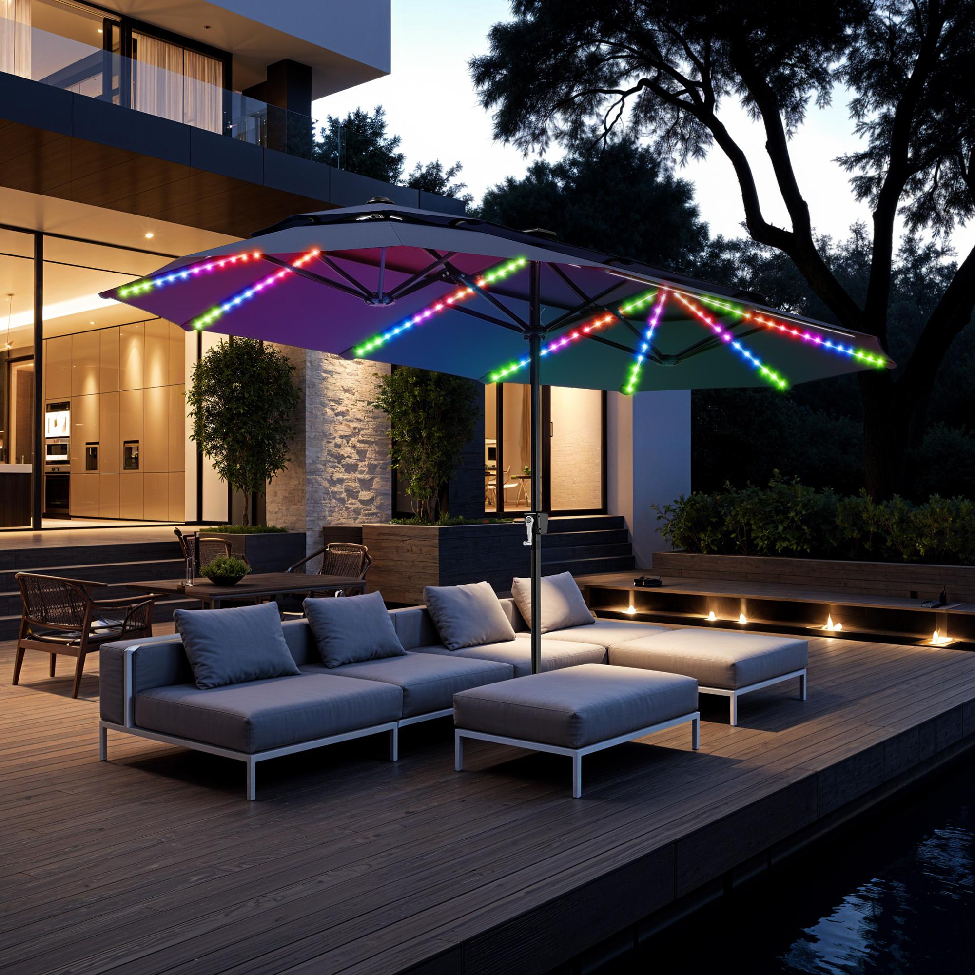 [2026 Upgrade] PHI VILLA 13/15FT Double Layer Patio Umbrella with 36 Solar LED Lights, Wind-Resistant Large Outdoor Rectangular Umbrella with Base, SpringGlowUp