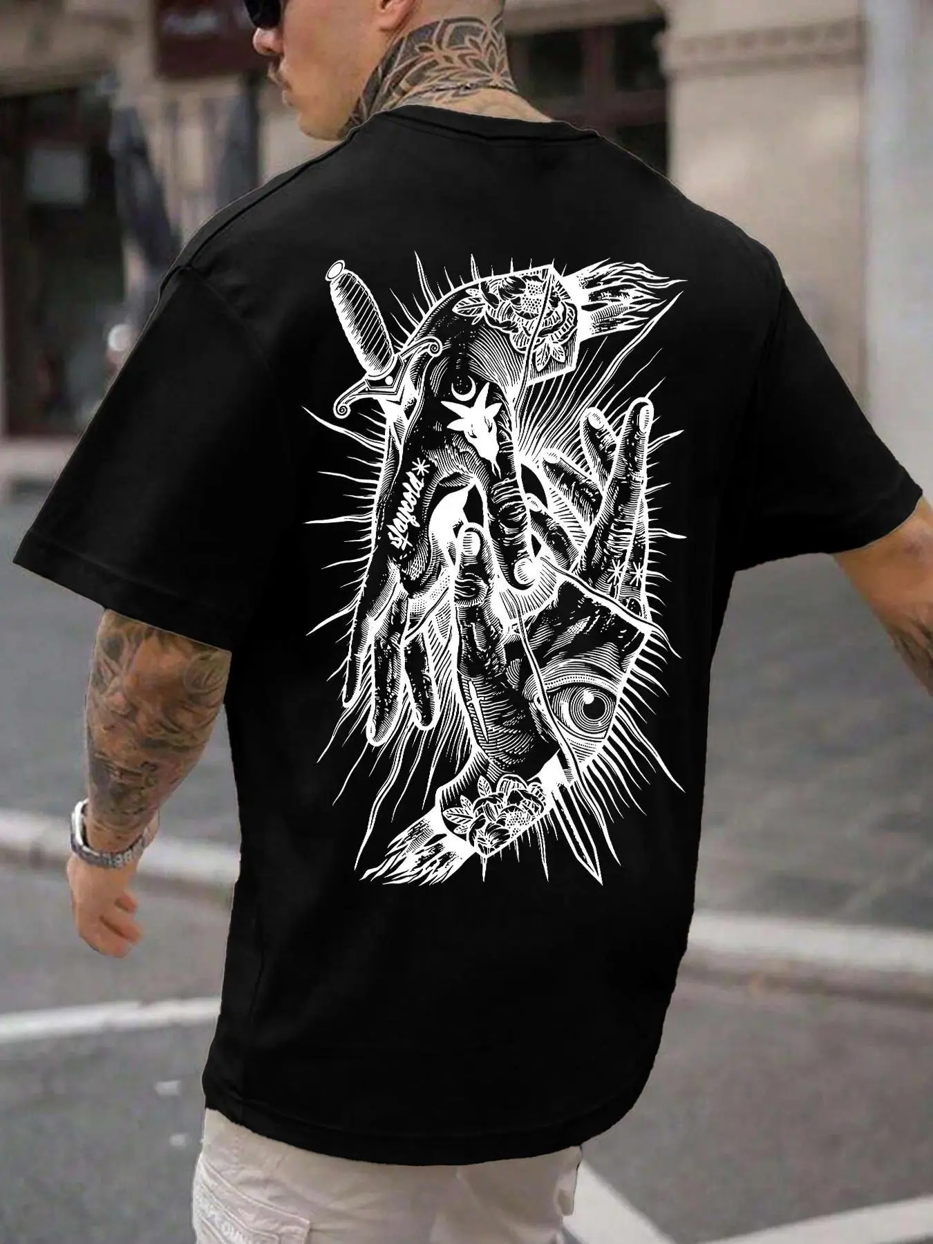 mystic hands all seeing eye graphic tshirt, dark occult tattoo style oversized tee, men's gothic surreal art streetwear casual cotton top, dark aesthetic daily wear gift shirt
