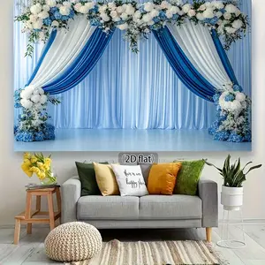 2D Flat 1pc Elegant Floral Wedding Backdrop with White Roses & Blue Curtain Panels - Lightweight Suitable for Ceremonies Parties Photo Shoots Baptisms Birthdays - Smooth Surface for Wall Decoration No Electricity Required 2D Flat