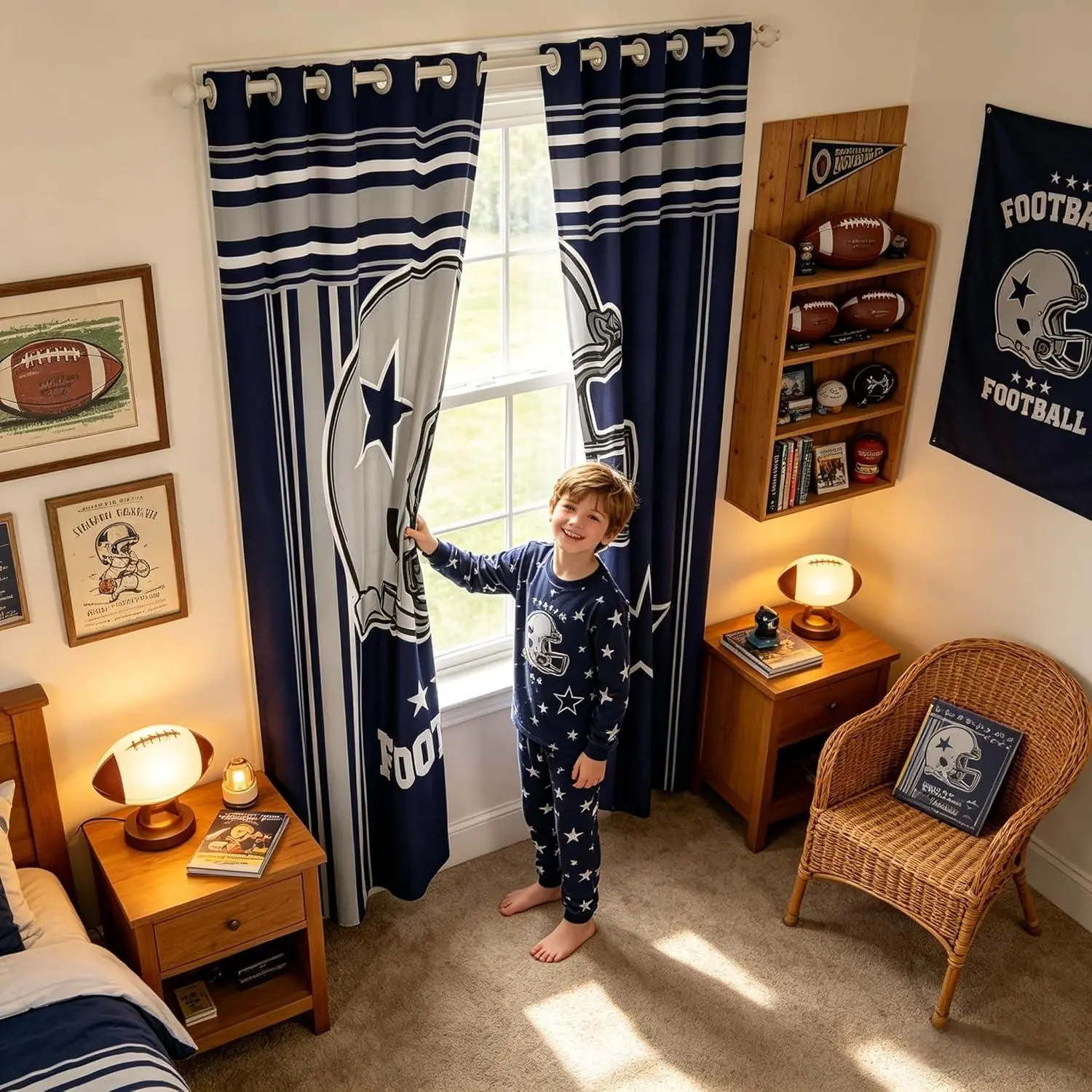 American Football Blackout Curtains,Western Star Cowboy Football Sports Window Drapes Men,Rugby Helmet Geometric Stripes Blue Window Treatments Grommet Top Set