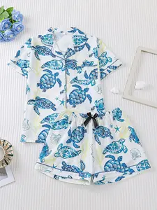 Women's All-Over Print Top & Elastic Waist Shorts Pajamas, Cute Turtle Design, Soft Fabric, Elegant Casual Style, Comfortable Lapel Shirt