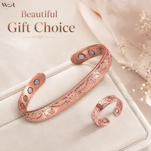 Copper Magnetic Bracelet Set Flower Engraved Copper Cuff Bracelet Magnetic Copper Ring Copper Jewelry Vintage Style Bracelet for Women Men Everyday Wear Gift Arthritis Pain Relief Fashion Accessory