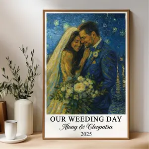Personalized Photo Poster, Van Gogh Wall Art Our Wedding Day, Custom Wedding Anniversary, Gift For Wife Husband Parents, Unique Gift