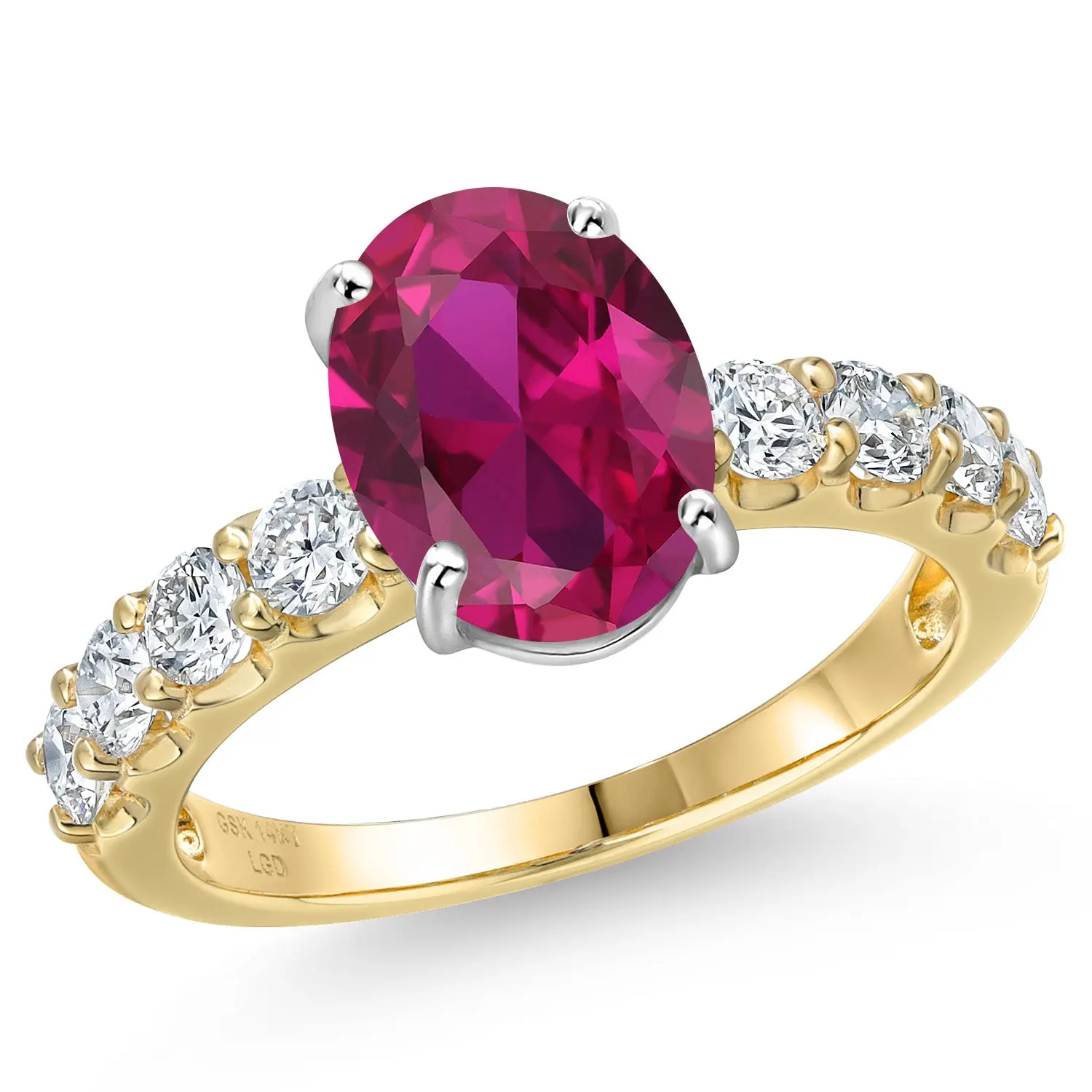 14K Two Tone Gold Red Created Ruby and Lab Grown Diamond Engagement Ring For Women | 4.10 Cttw | Oval 10X8MM | Gemstone July Birthstone