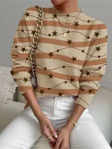 Women's Colorblock Geometric Stripe Print Stand Collar Sweater, Casual Long Sleeve Knitwear for Fall Winter, Comfortable Warm Daily Wear