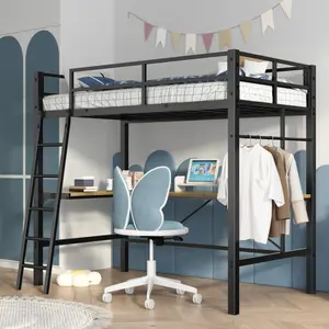Loft Bed Twin Size with L-Shaped Desk, Heavy Duty Metal Twin Loft Bed with Charging Station, Safety Guard & Ladder, Space-Saving, No Box Spring Needed