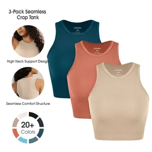 ODODOS 3-Pack Seamless Tank for Women Ribbed Soft High Neck Tight-fitting Tops Fit Cute,No Padding