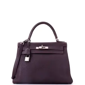 Pre-owned HERMÈS Leather Top Handle Bags Hermes Kelly Handbag Raisin Togo with Palladium Hardware 28 by Rebag