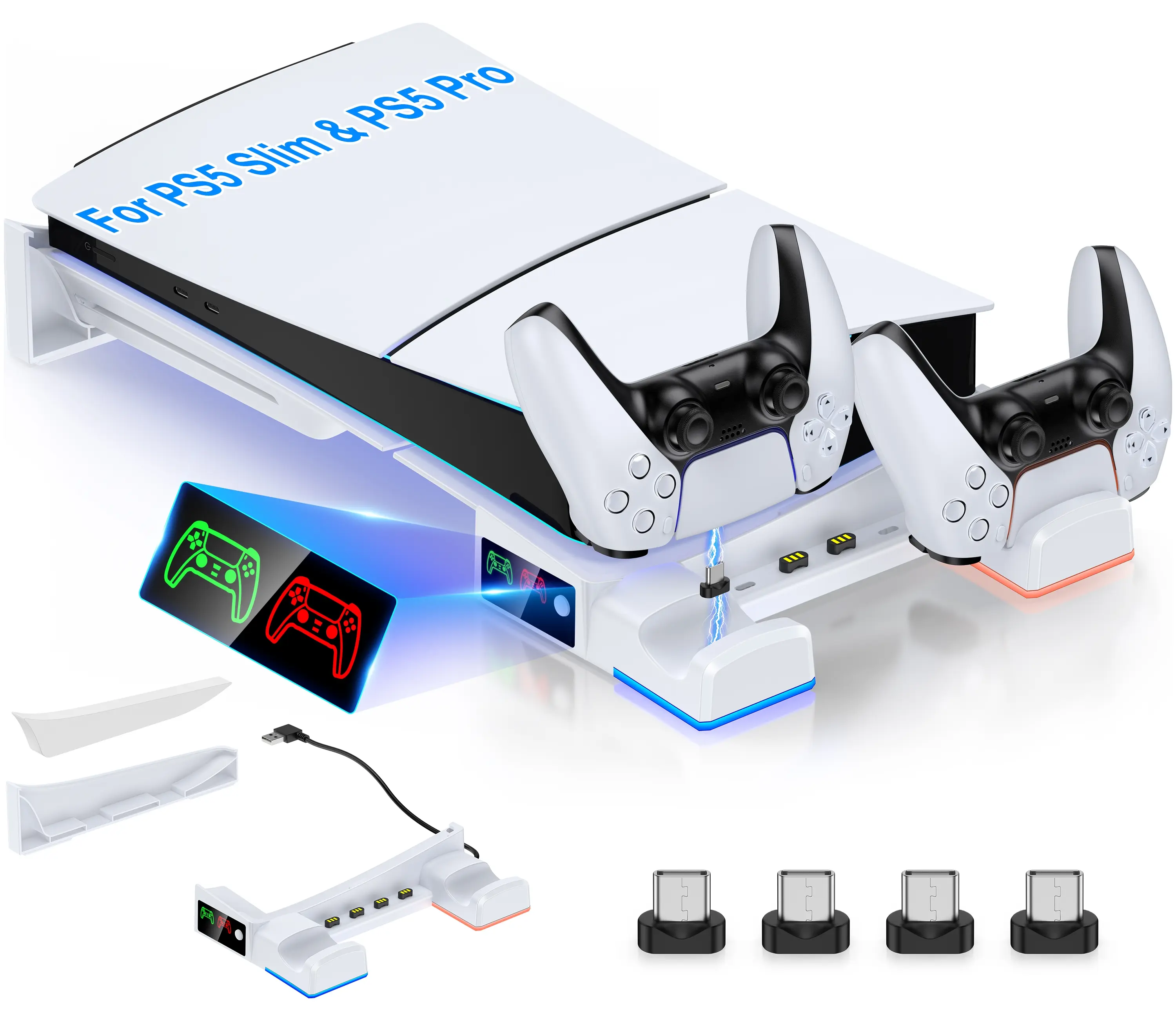 For PS5 Slim/PS5 Pro horizontal stand, designed for 2023 PS5 Pro/Slim console, compatible with PS5 Slim optical drive version and digital version, can charge 2 PS5 controllers at the same time