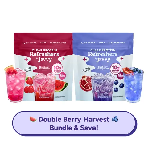 Javvy Clear Whey Protein Refresher Duo - Double Berry Harvest TikTok Exclusive Bundle - Raspberry Watermelon & Blueberry Pomegranate - 10g Protein, 45mg Caffeine, 0g Sugar, With Fiber & Electrolytes, 20 Servings Each