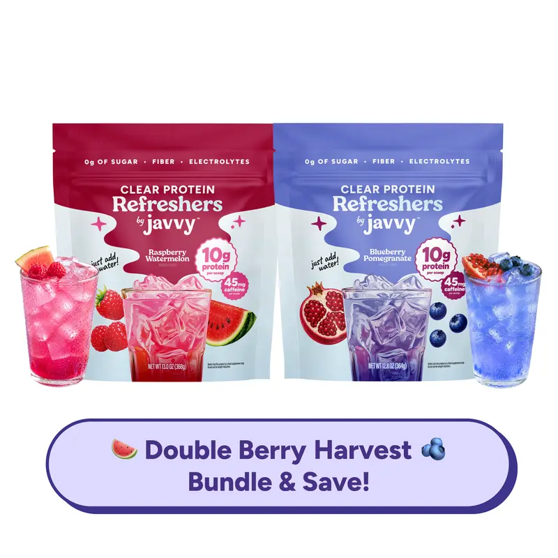 Javvy Clear Whey Protein Refresher Duo - Double Berry Harvest TikTok Exclusive Bundle - Raspberry Watermelon & Blueberry Pomegranate - 10g Protein, 45mg Caffeine, 0g Sugar, With Fiber & Electrolytes, 20 Servings Each