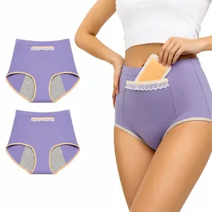 Women’s High Waisted Period Underwear with Heating Pad Pocket, Soft Menstrual Panties with Lace Trim for Tummy Warmth