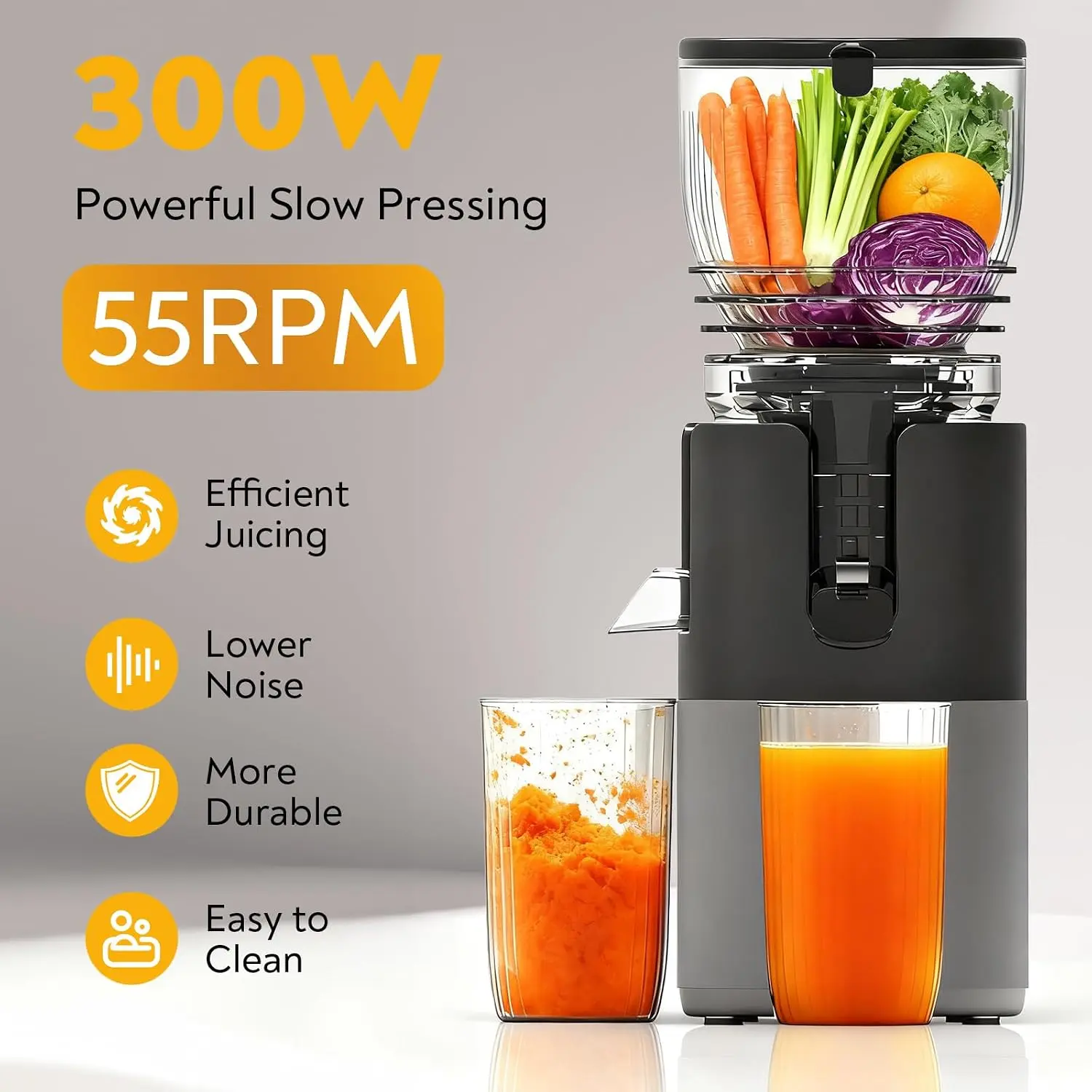 Mokero Corded Cold Press Slow Juicer, 6" Large Feed Chute, 57oz Capacity, 300W Slow Juicing Extractor for Whole Fruits & Vegetables, Dishwashable, Easy to Clean, High Juice Yield for Family Use
