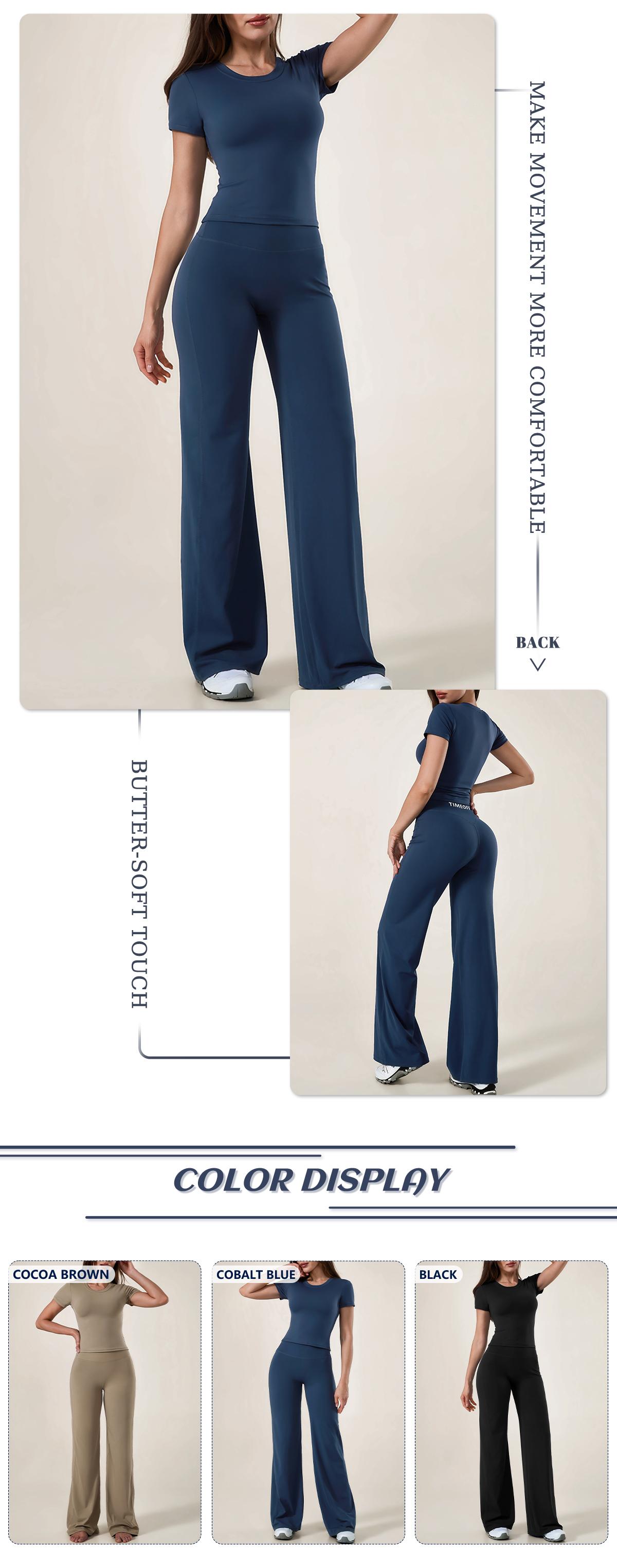 TimeOFF Women's 2-Piece Short Sleeve Workout Set - Fitted Crop Top & High Waist Wide Leg Pants, 4-Way Stretch Soft Fabric, Butt-Lifting Sculpt Seam, Tummy Control, Non-Ride Up, Breathable, Ideal for Yoga, Gym, Women's Clothes, 2 Piece Sets