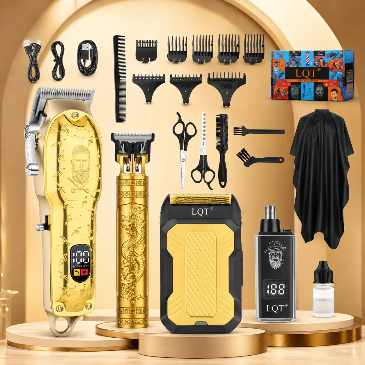 Men's 4-Piece Professional Cordless USB Rechargeable Hair Clipper & Trimmer Barber Kit - LCD Display, Adjustable Blade, 9mm/12mm Settings, Travel Size, for Family, All Hair Types, Haircut & Styling