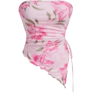 Women's Feminine Strapless Floral Tube Top - Asymmetrical Ruched Casual Beach Evening Top with Side Tie Detail, Fit Pink Floral Print