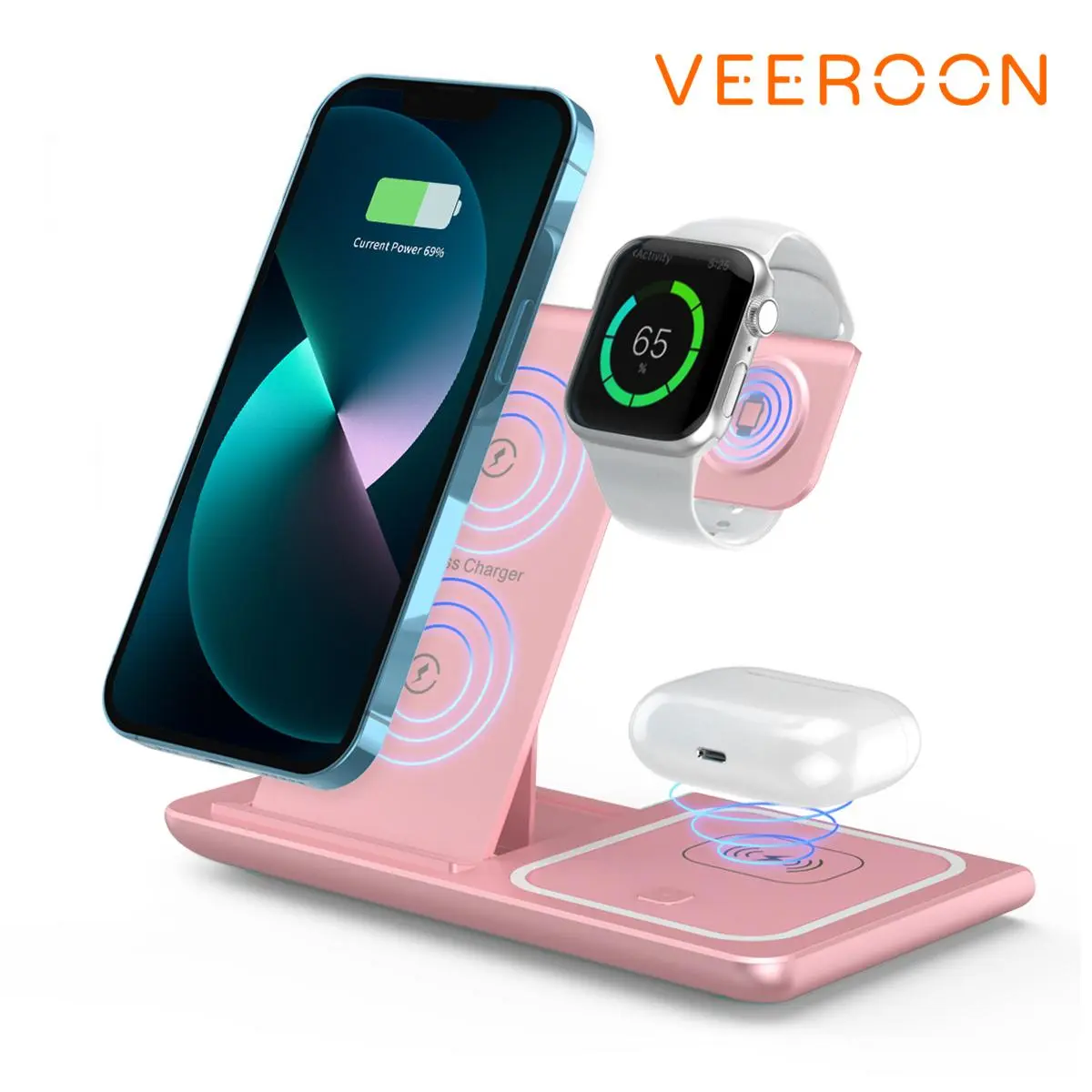 VEEROON 3-in-1 Wireless Charging Station - Multifunctional Fast Charging Magnetic Wireless Charger Stand with Type-C Port - Electronic Fast Charging Station for iPhone, Apple Watch & AirPods Magnetic Charger Dock