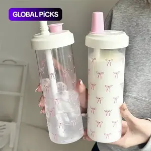 Cute Bow Pattern Straw Water Bottle, Clear Portable Large-Capacity Reusable Drinking Cup with Lid, Drinking Bottle for Home, Office, School and Outdoor Use, Drinkware, 1 Count #GLOBAL PICKS