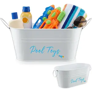 Blulu Pool Toy Storage Bucket Metal Poolside Basket Above Ground Pool Bin Summer Basket Outdoor Storage for Sunscreen Goggles Flip Flop Spf Swimming Camping Beach Accessories Decor(White)