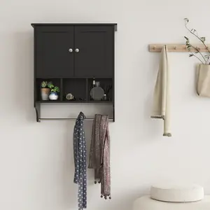 Black Wall-Mounted Bathroom Cabinet with Mirror & Towel Bar, 2-Door Adjustable Storage Cabinet, Over-The-Toilet Space Saver, P2-Grade MDF, Multi-Room Use