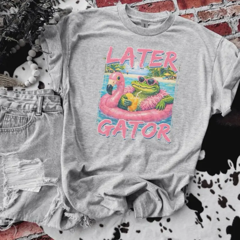 Later Gator Floatie Bleached Shirt Comfy Unisex Jersey Top Casual Vintage Style Short Sleeve Crew Neck Medium Length