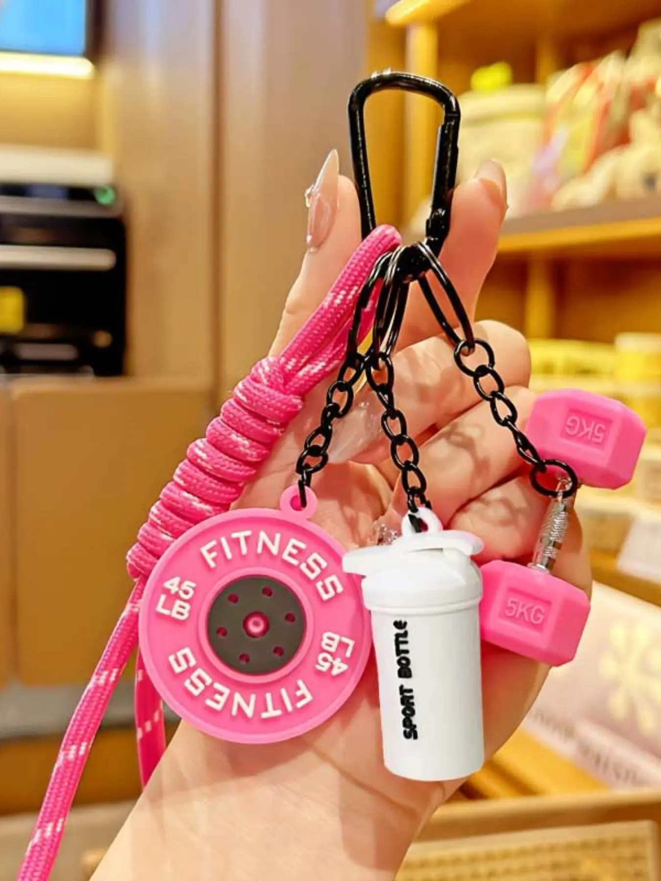 5 in 1 Fitness Keychain Set, Multifunctional Keychain, Lightweight, Portable, Detachable Barbell Plates Dumbbell Dopamine D-shaped Buckle Keyring Woven Rope Charms Water Bottle Shaker Cup Bag Accessories Key Pendant Bag Charm