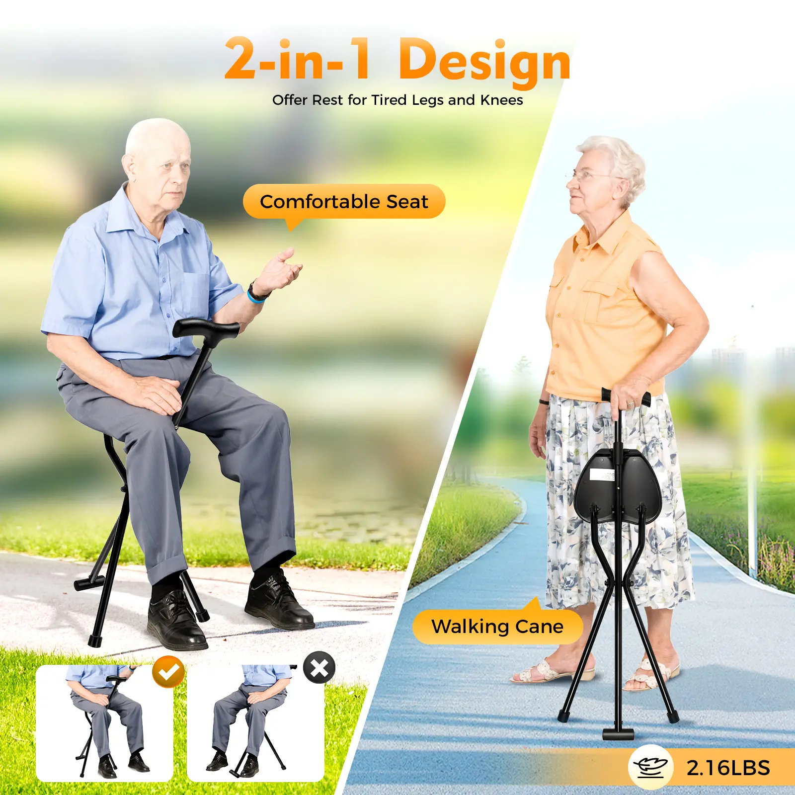 Walking Stick & Cane Chair Combo - Folding Cane with Seat (35.4 Inches Tall). Supports up to 249.12lbs