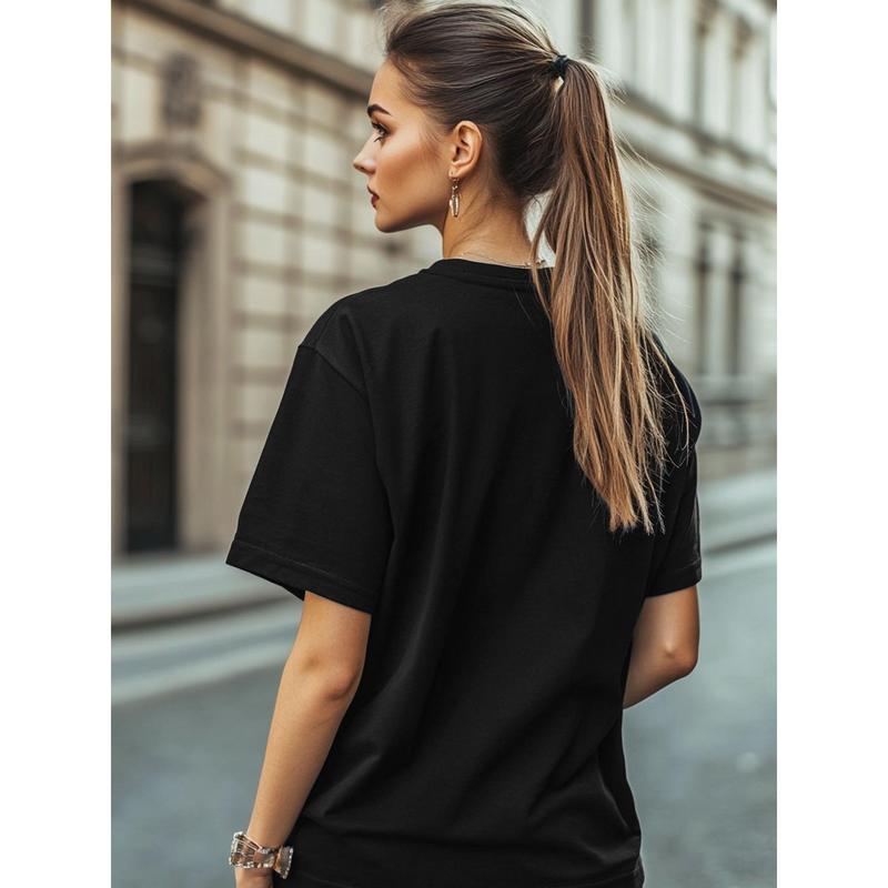 2PAC Letter and Portrait Print Fashion Slimming Round Neck T-Shirt, Casual Polyester Short Sleeve Top for Women, Spring/Summer, Cute T Shirts - Premium 180g Black Cotton Round Neck