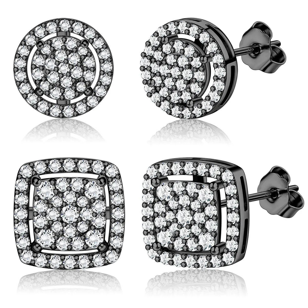 Cubic Zirconia Stud Earrings for Men Women(Unisex), 14K Gold Plated Hypoallergenic 925 Silver Ear Acupuncture Earrings Set, Iced Out Round & Square CZ Studs, Halo Earrings
