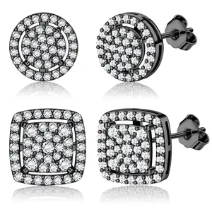 Cubic Zirconia Stud Earrings for Men Women(Unisex), 14K Gold Plated Hypoallergenic 925 Silver Ear Acupuncture Earrings Set, Iced Out Round & Square CZ Studs, Halo Earrings