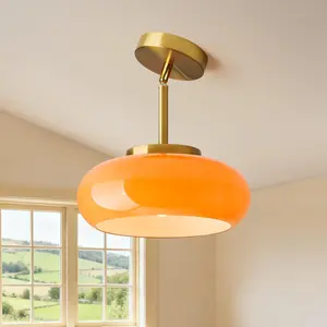 Modern Pendant Lamp Pendant Lights Kitchen Iisland Gold Modern Ceiling Lamp with Orange Glass Shade Adjustable Mid Century Hanging Light Fixtures for Schoolhouse, Dining Room, Living Room,Sink