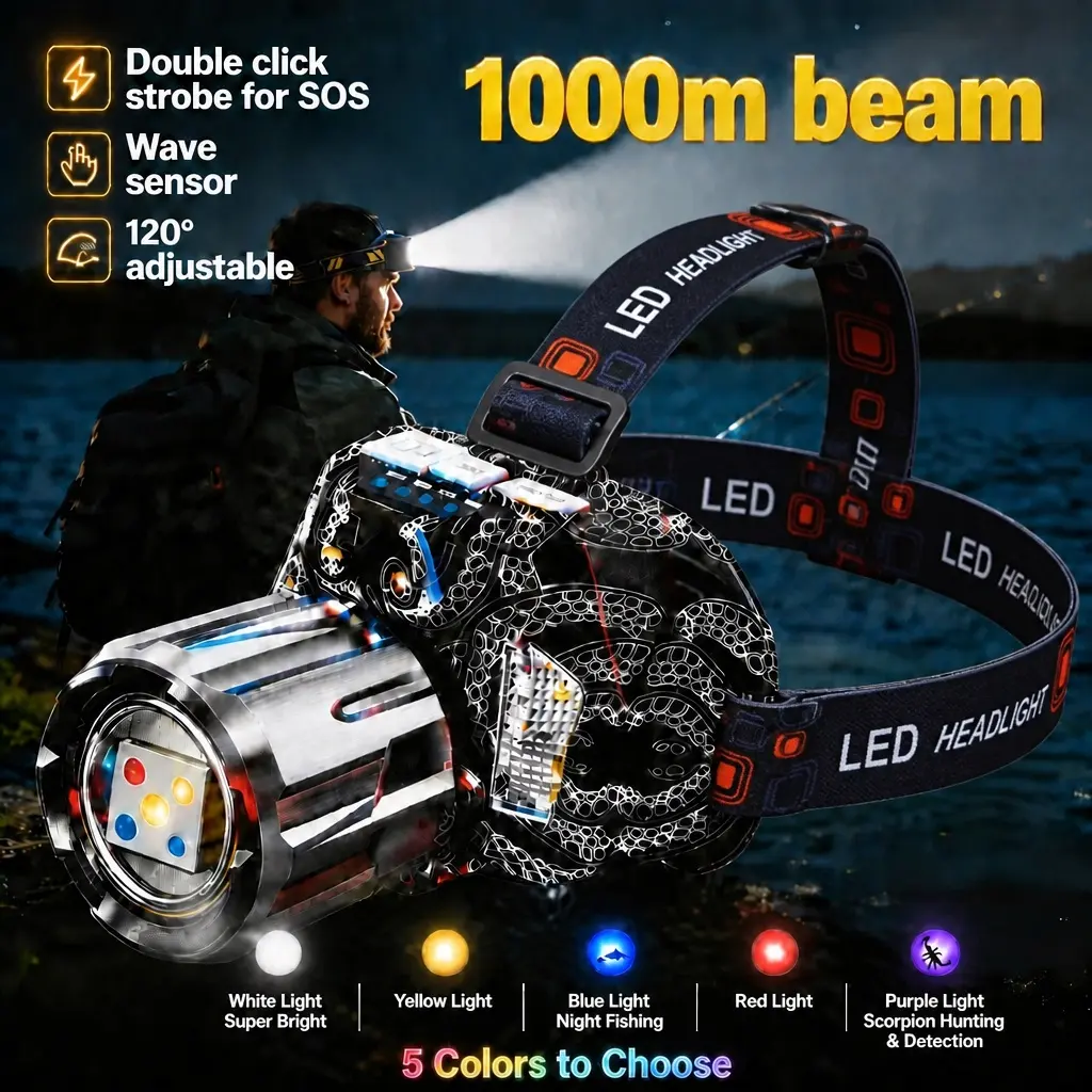 Rechargeable Multicolor LED Headlamp with Adjustable Headband, High‑Lumen Long‑Distance Brightness, 5 Switchable Light Colors White Yellow Blue Red UV, Hands‑Free Lighting for Night Camping, Hiking, Night Fishing & Outdoor Activities