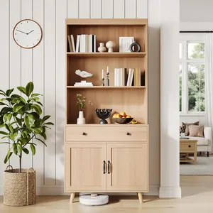 72.4" Wooden Bookshelf with Doors & Drawer - 6-Tier Storage Cabinet Bookcase