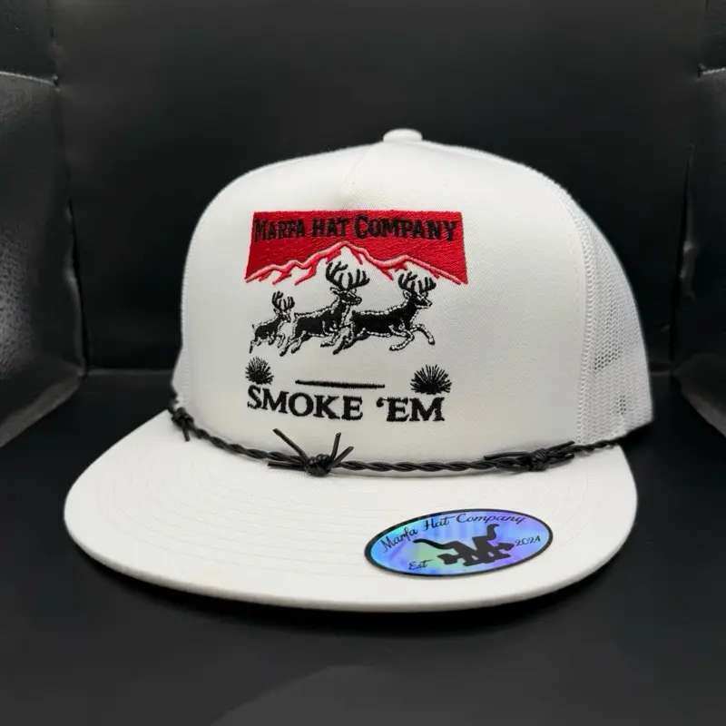 Smoke 'Em Bucks Hat - Trucker Cap with Deer Design and Barbed Wire Detail