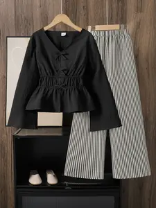 Girls V Neck Bow Design Long Sleeve Top & Striped Elastic Waist Pants Set, Fashionable Casual for Kids