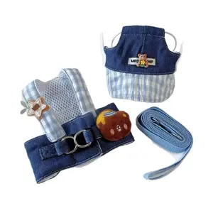 Cowboy Breathable Dog Vest Harness Set for Small Dogs Cats with Adjustable Leash & Hat Classic Denim Style Comfortable Walks Collars